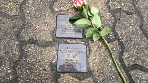 Zwei Stolpersteine auf der Straße daneben liegt eine Rose