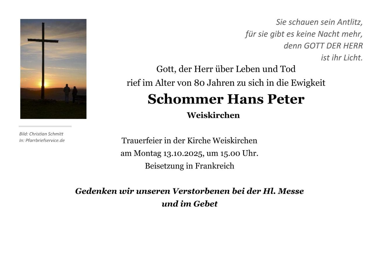 Sterbeblatt Hans Peter Schommer